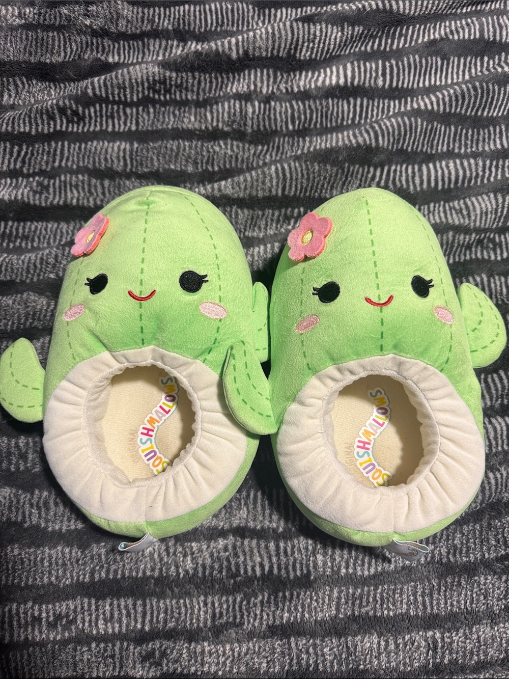 Squishmallows Green Avocado Plush Kids Slippers with Pink Flower